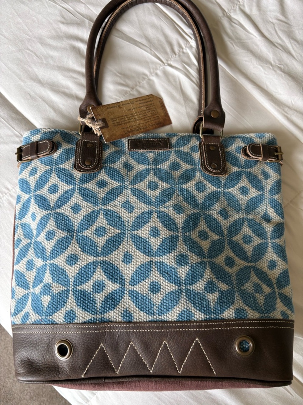 Blue Patterned Canvas Tote with Brown Trim